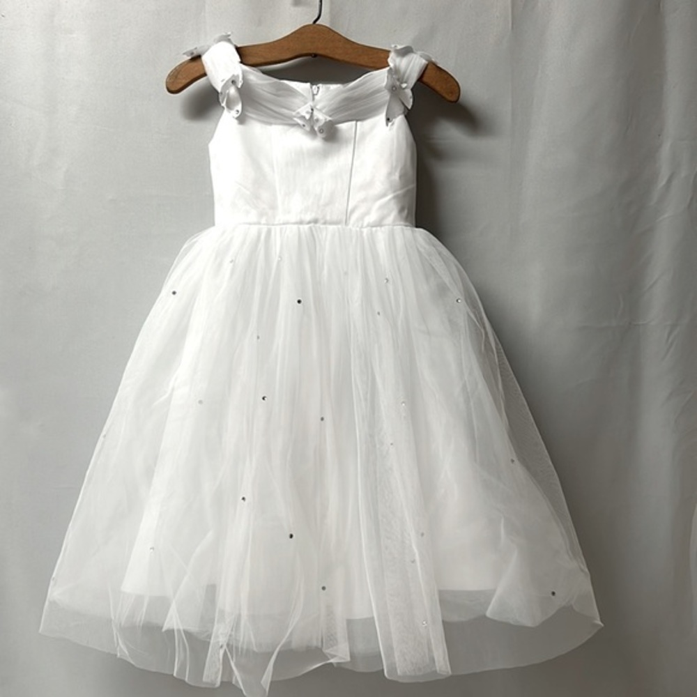 Full length flower girl dress with butterflies around top & Tull has gems (1446)